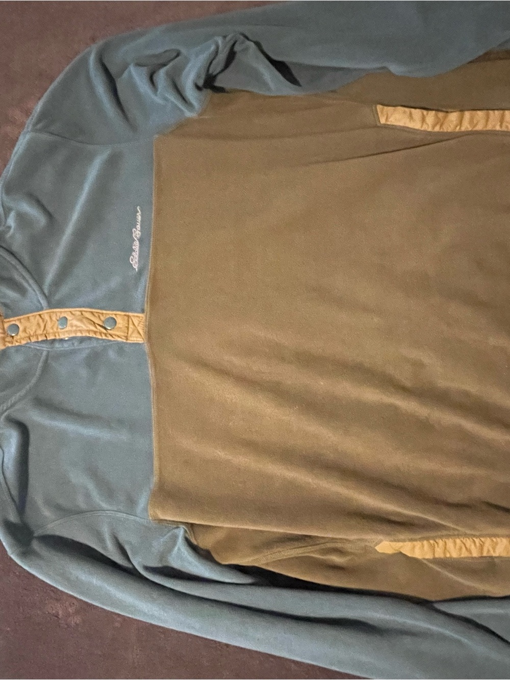 Eddie Bauer Two-Tone Fleece Pullover in Teal and Olive with Tan Accents